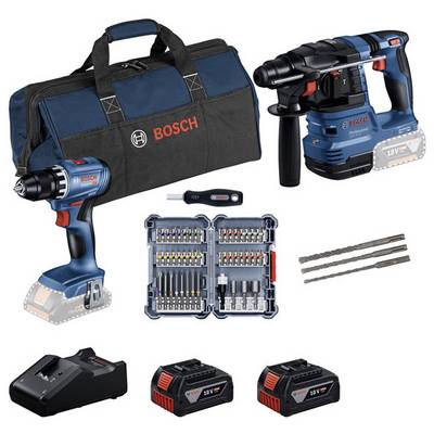 Akkubohrer-Set von Bosch mit zwei Bohrern, Zubehör in einem Koffer, Ladegerät und zwei Ersatzakkus. Ideal für Heimwerkerarbeiten.