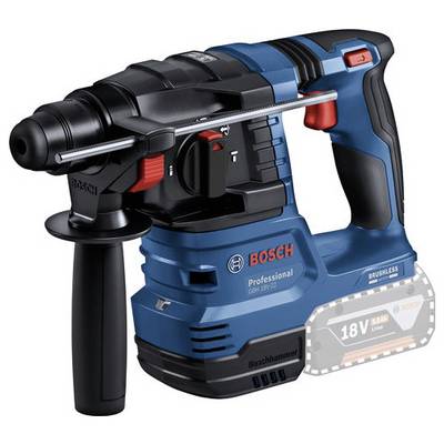 Ein blauer Akku-Bohrhammer der Marke Bosch mit schwarzem Griff und rotem Schalter. Geeignet für professionelle Anwendungen.