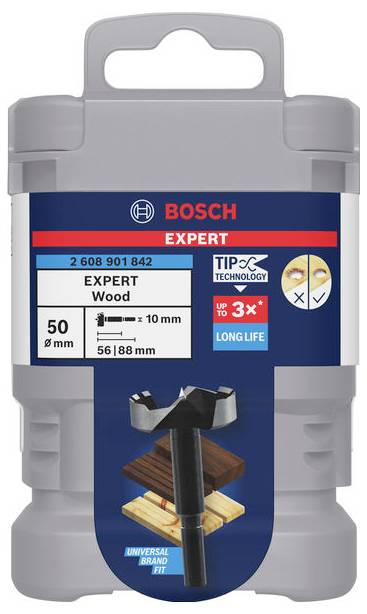 Eine Verpackung mit einem Bosch 'EXPERT Wood' Stecknuss-Adapter. Geeignet für Holzbohrer von 10 mm, mit einer Länge von 56 bis 88 mm.