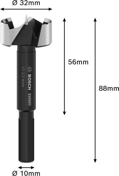 'Forstner-Bohrer, Ø 32mm, Länge 88mm, Schaft Ø 10mm, Schneidteil 56mm' mit Maßangaben.