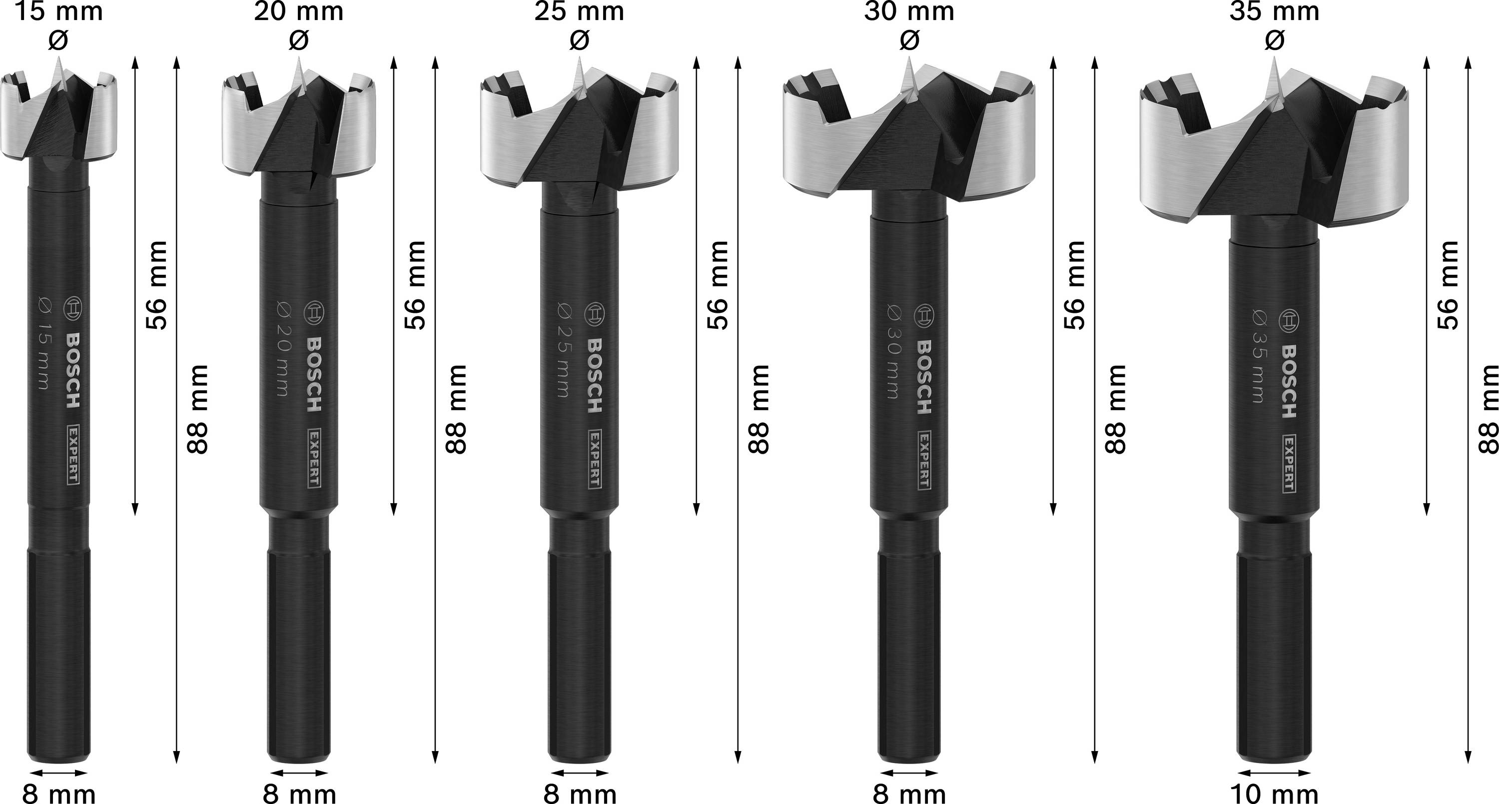 Sechs Forstnerbohrer in verschiedenen Durchmessern: 15 mm, 20 mm, 25 mm, 30 mm, 35 mm, 40 mm. Alle 88 mm lang, Schaftdurchmesser 8 mm.