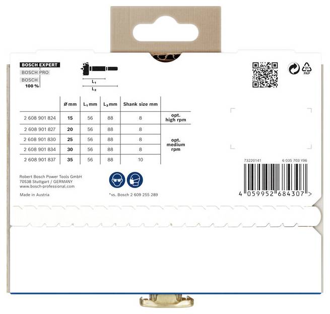 'Bosch Expert' Bohrer-Set-Verpackung, zeigt Produktdetails wie Bohrergrößen, Schaftgrößen und empfohlene Umdrehungen pro Minute (rpm).