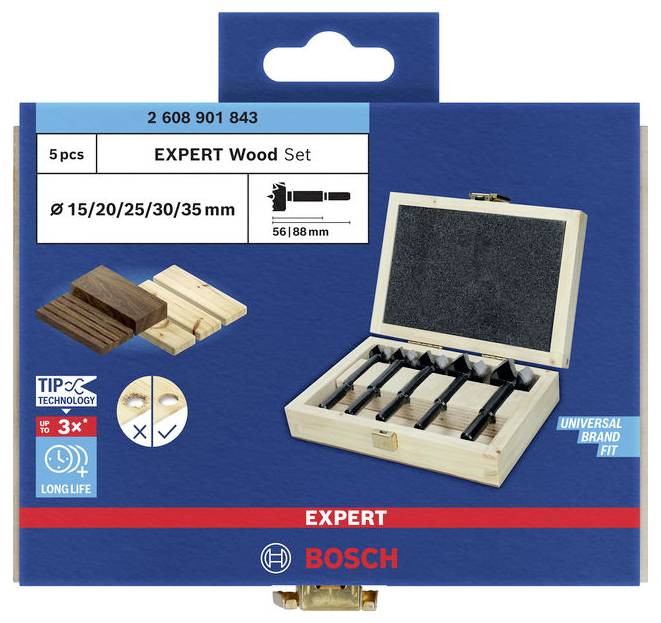 'Bosch Expert Wood Set' mit 5 Fräsern für 15/20/25/30/35mm Löcher. Enthält eine Holzbox, geeignet für Holzbohrungen.