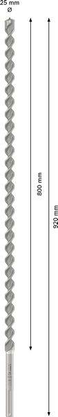 Bohrer mit einer Gesamtlänge von 920 mm, einem Arbeitsbereich von 800 mm und einem Durchmesser von 25 mm.