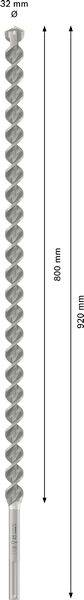Bohrer mit einer Gesamtlänge von 920 mm, einer Schneidelänge von 800 mm und einem Durchmesser von 32 mm.