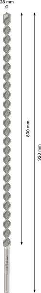 'Bohrer mit spiraliger Spitze, Gesamtlänge 920 mm, nutzbare Länge 850 mm, Durchmesser 28 mm. Geeignet für tiefere Bohrungen.'