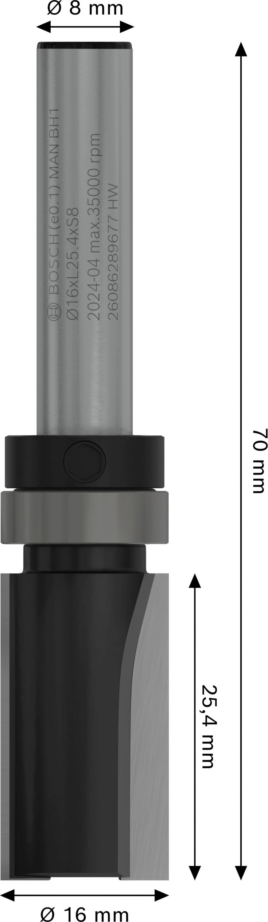 Bündigfräser mit einem Schaftdurchmesser von 8 mm, einer Gesamtlänge von 70 mm und einer Schneidenlänge von 25,4 mm.