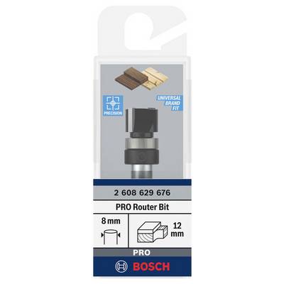 Verpackung eines Bosch Fräserbits mit 8 mm Durchmesser für Holzarbeiten. Geeignet für Präzisionsarbeiten, passt universell.
