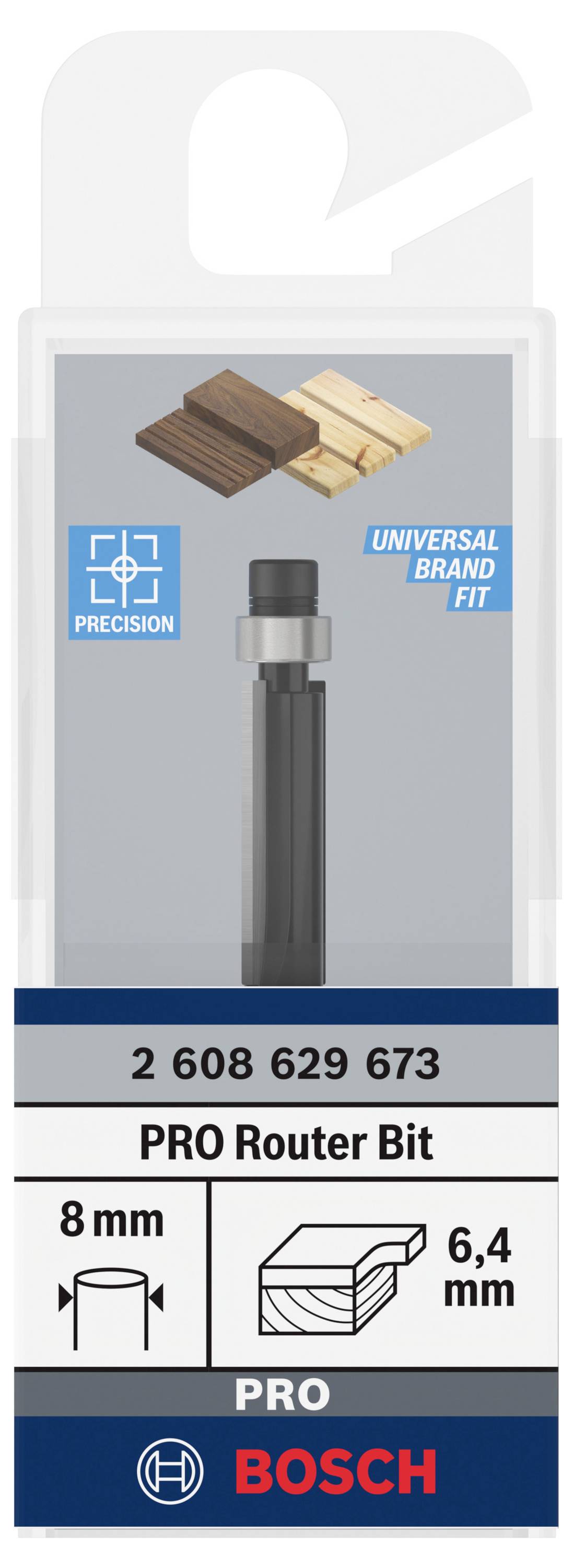 Produktbild eines Bosch PRO-Fräsers, passend für Universal-Marken. Zeigt Details wie 8 mm Schneidgröße und 6,4 mm Schnittbreite für Holz.