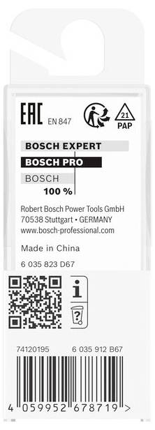 Etikett eines Bosch-Produkts aus China. Enthält Markennamen, Adressen, einen QR-Code und Recycling-Symbole.