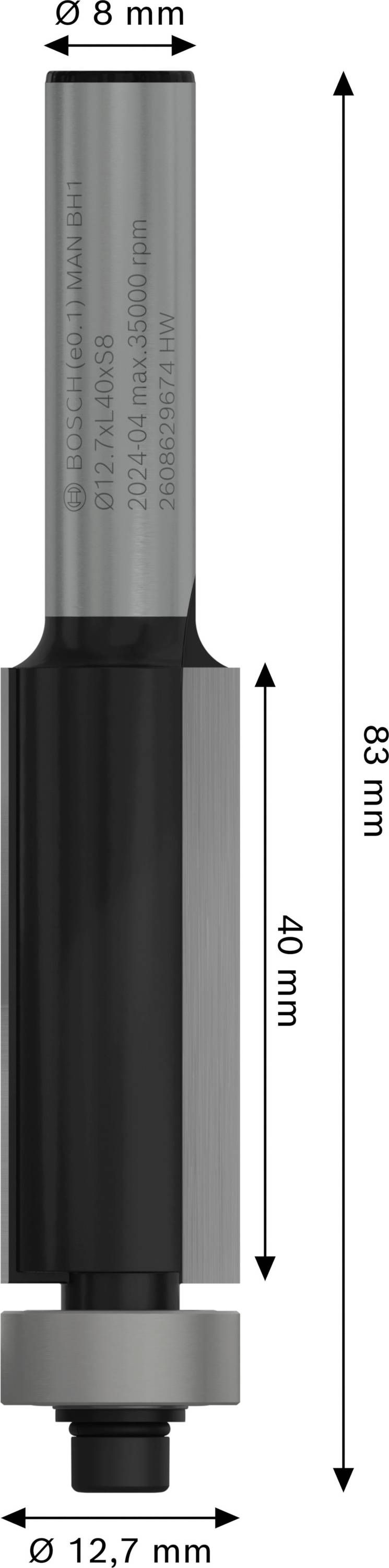 Fräser mit einem Schaftdurchmesser von 8 mm, Gesamtlänge 83 mm, Nutzlänge 40 mm und einem unteren Durchmesser von 12,7 mm.