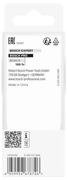 Rückseite einer Produktverpackung mit Textinformationen zu einem Bosch-Produkt. Enthält Barcode, Adresse und Recycling-Symbol.