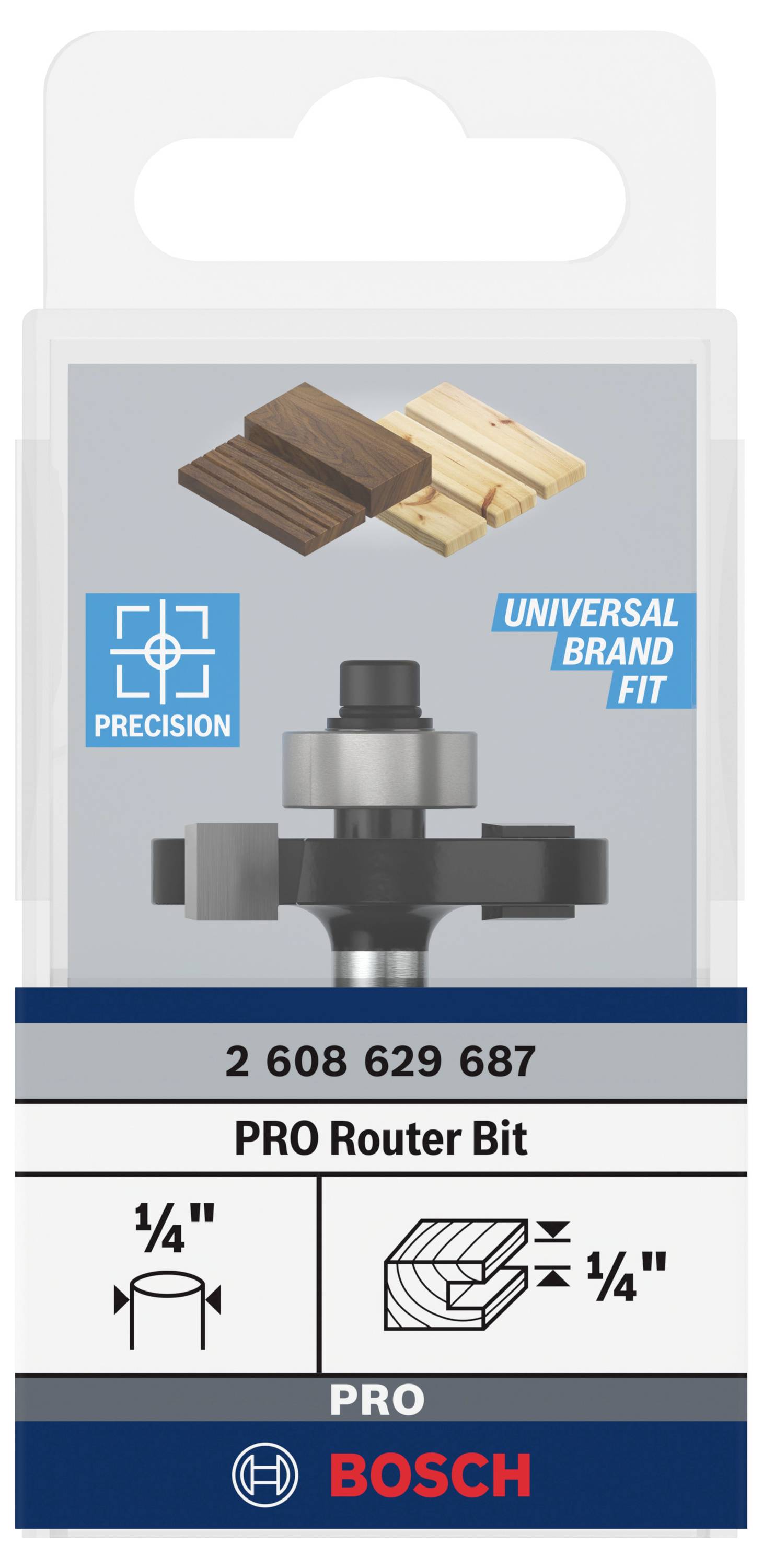 'Bosch PRO Nutfräser' Verpackung. Fräser und Anwendungsbild für Holz mit 'Precision' und 'Universal Brand Fit' Symbolen.