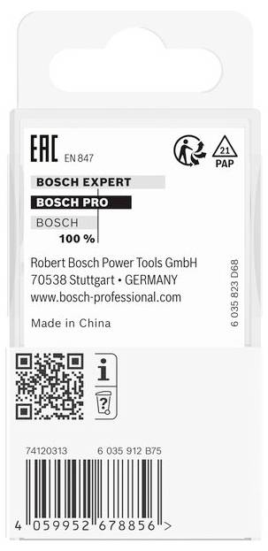 'Verpackungsetikett: Bosch Expert und Pro, Robert Bosch Power Tools GmbH, Stuttgart, Deutschland, mit QR-Code und Strichcode.'