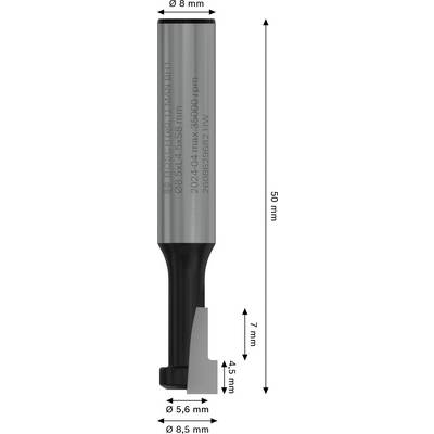 Ein Fräser mit Abmessungen: Gesamtlänge 57 mm, Schnittdurchmesser 8 mm, Schaftdurchmesser 8 mm, Schneidenlänge 19 mm.