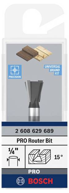 Fräser für Holz mit 15° Winkel. Markenzeichen: Bosch. Passend für verschiedene Holzarten. Text 'Universal Brand Fit'.