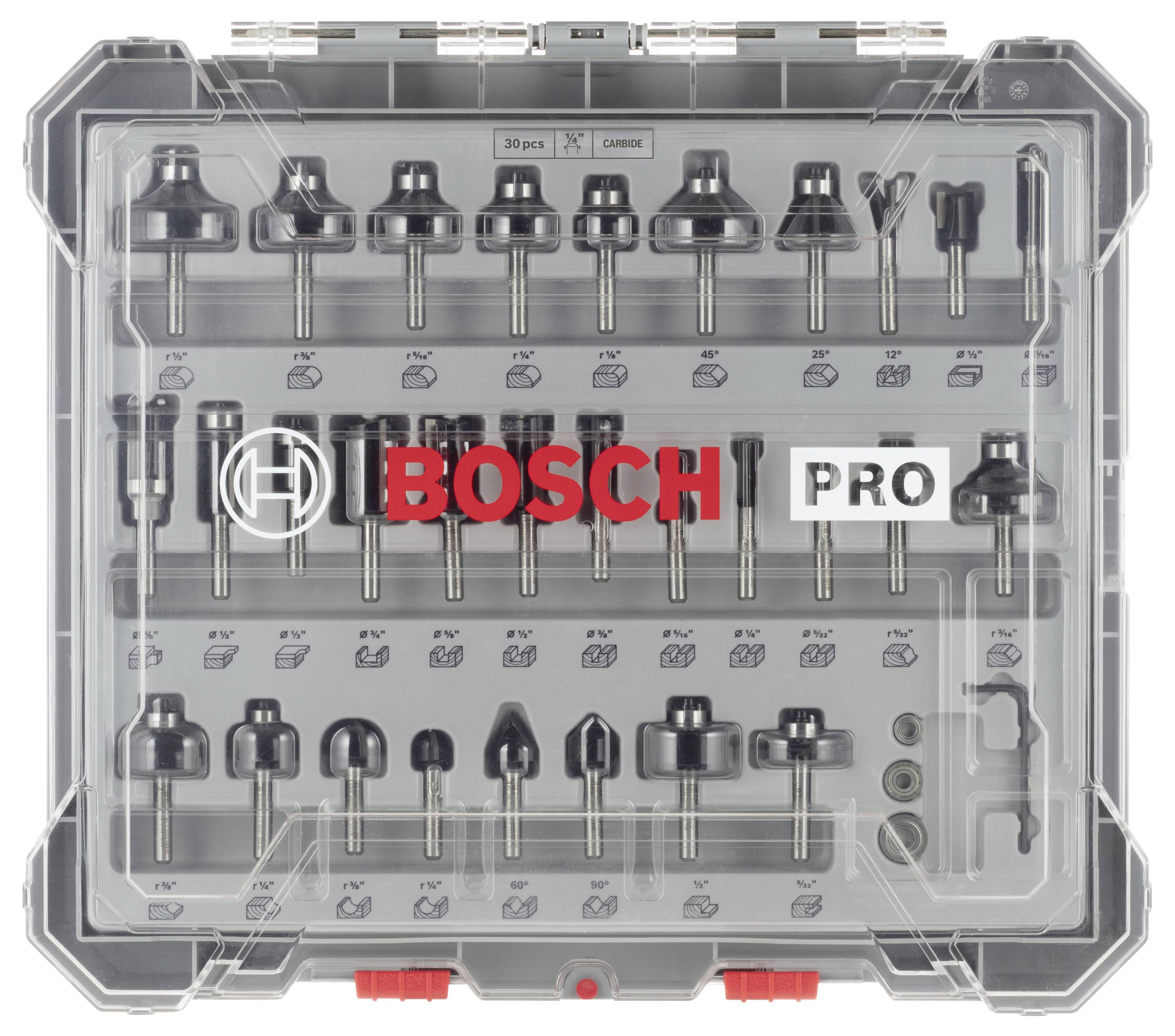 Bitsatz im transparenten Koffer mit 30 schwarzen Bits von Bosch Pro. Obere Reihe enthält größere Bits, mittlere und untere kleinere Bits.