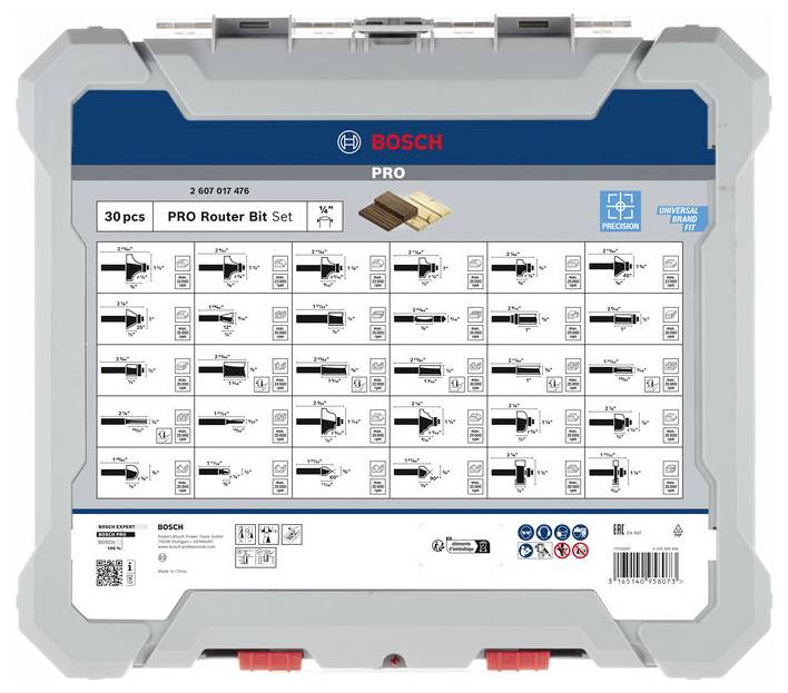 'Bosch PRO Router Bit Set', 30-teiliger Satz, zeigt verschiedene Fräsertypen mit Abbildungen und technischen Details auf der Verpackungsvorderseite.