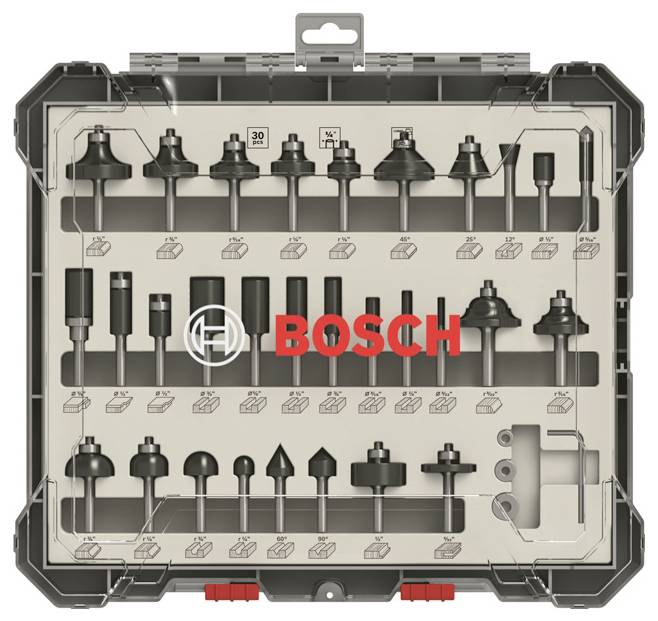 Eine Box mit Bosch-Fräsbohrern in verschiedenen Größen und Formen, aufgereiht in angepassten Halterungen.