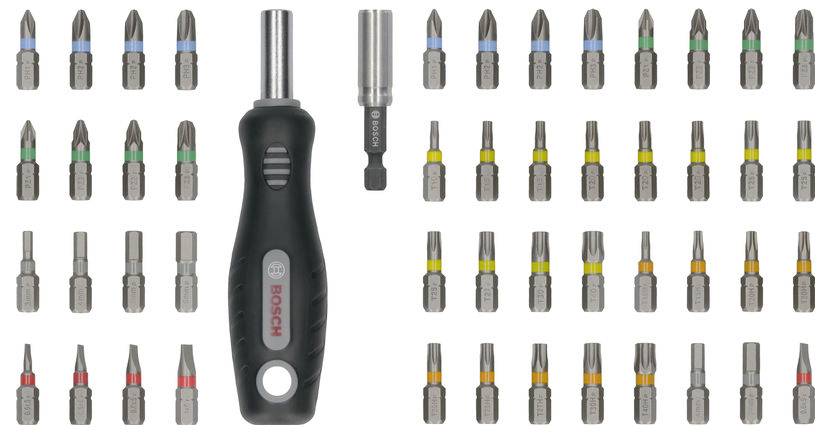 Akkuschrauber-Set mit verschiedenen farbkodierten Bits, Griff und Verlängerung.