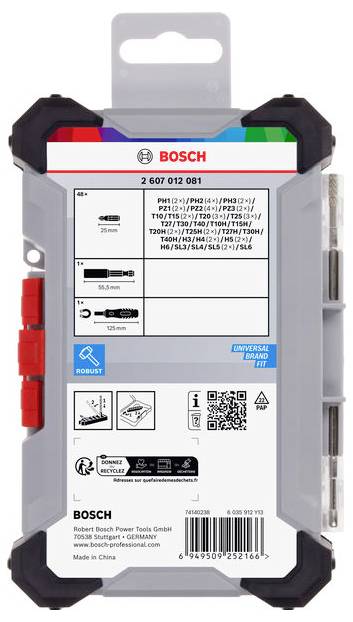 Eine Verpackung von Bosch mit Bohrerset-Details. Oben das Bosch-Logo, darunter Spezifikationen der Bohrergrößen und -typen.