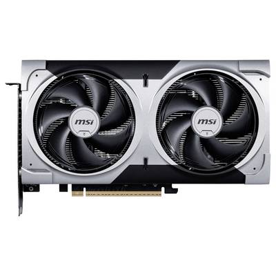 Grafikkarte mit zwei großen Lüftern und dem 'MSI'-Logo in der Mitte, PCIe-Anschluss unten, silbernes und schwarzes Gehäuse.