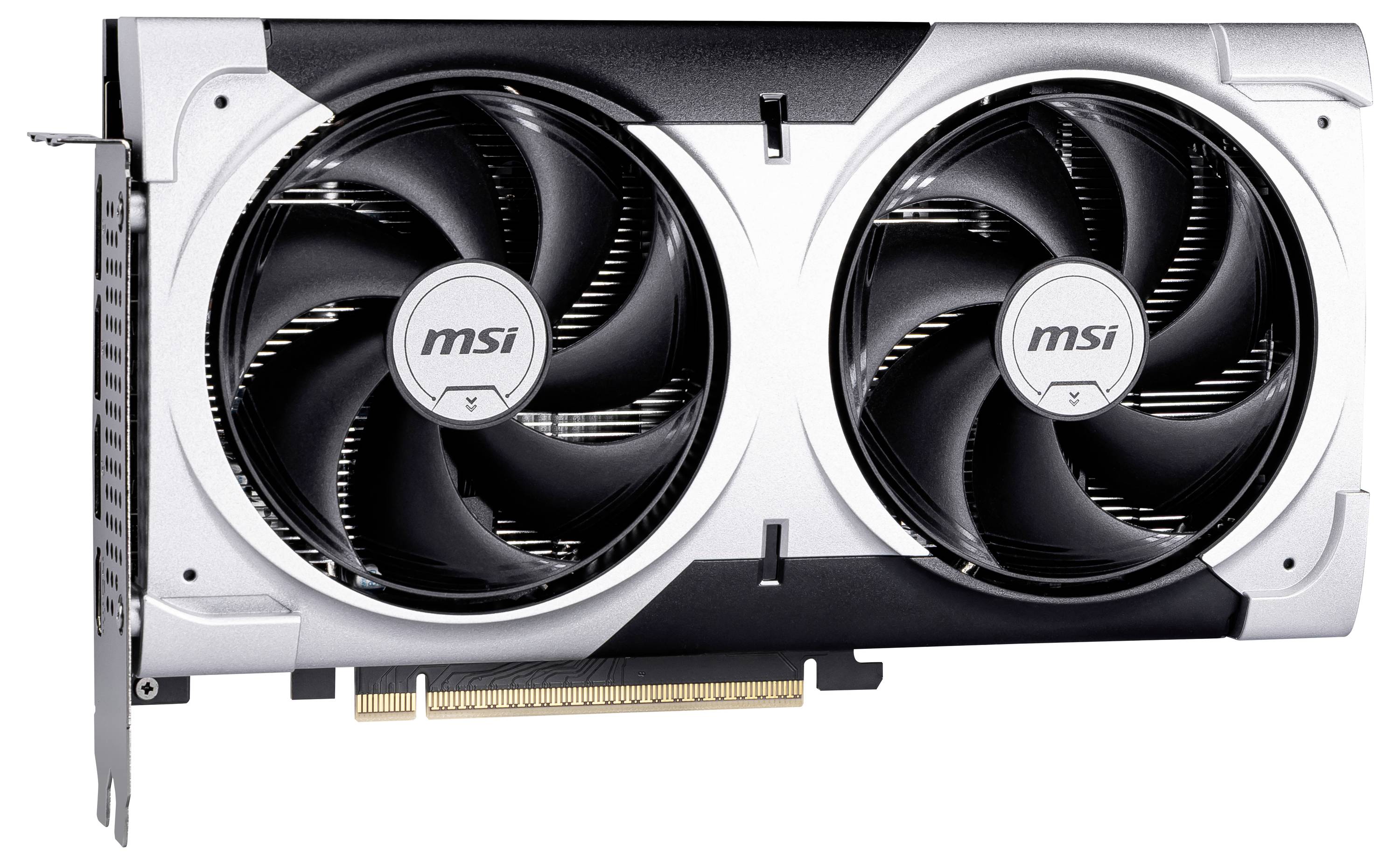Grafikkarte mit zwei großen Lüftern und MSI-Logo, PCIe-Steckplatz unten. Design in Schwarz und Silber.