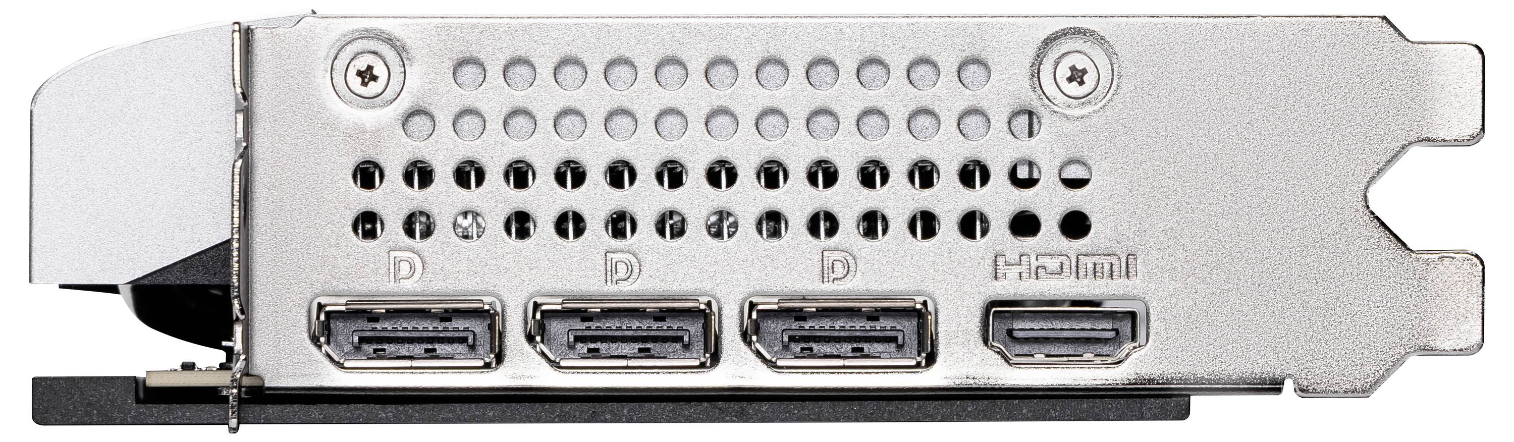 Computergrafikkarte mit vier Ports: drei DisplayPorts, gekennzeichnet mit 'D', und einem HDMI-Port. Die Abdeckung hat Lüftungsschlitze.