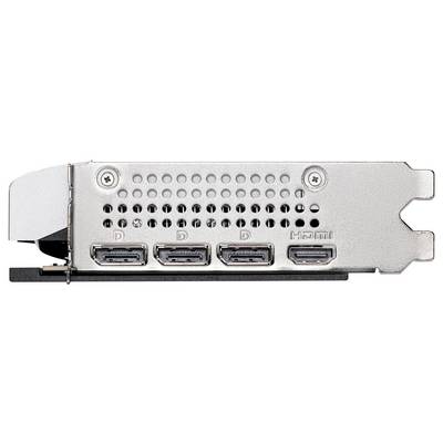 Computergrafikkarte mit vier Ports: drei DisplayPorts, gekennzeichnet mit 'D', und einem HDMI-Port. Die Abdeckung hat Lüftungsschlitze.