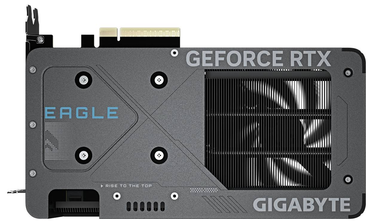 Grafikkartenrückseite mit 'GEFORCE RTX' und 'GIGABYTE'-Aufschrift, Lüfterabdeckung und mehreren Montageschrauben sichtbar.