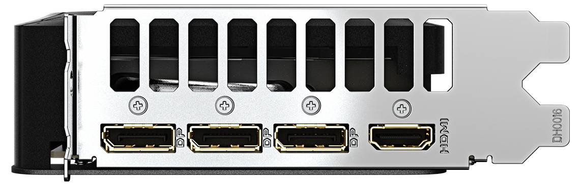 Rückseite einer Grafikkarte mit drei DisplayPort-Anschlüssen und einem HDMI-Anschluss, alle in einer Reihe nebeneinander.