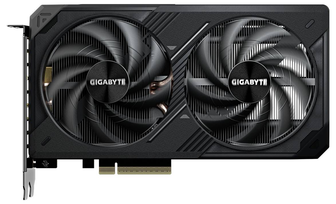 Grafikkarte mit zwei großen Lüftern, schwarzem Gehäuse und 'Gigabyte'-Logo auf beiden Lüftern. Geeignet für leistungsstarke Computer.