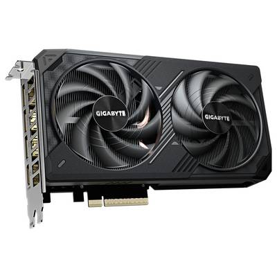 Schwarze Grafikkarte mit zwei Lüftern, seitlicher Anschlussleiste und „Gigabyte“-Logo auf den Lüftern.