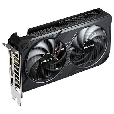 Eine Grafikkarte von Gigabyte, Modell GeForce RTX, mit zwei großen Lüftern und mehreren Anschlussmöglichkeiten an der Seite.