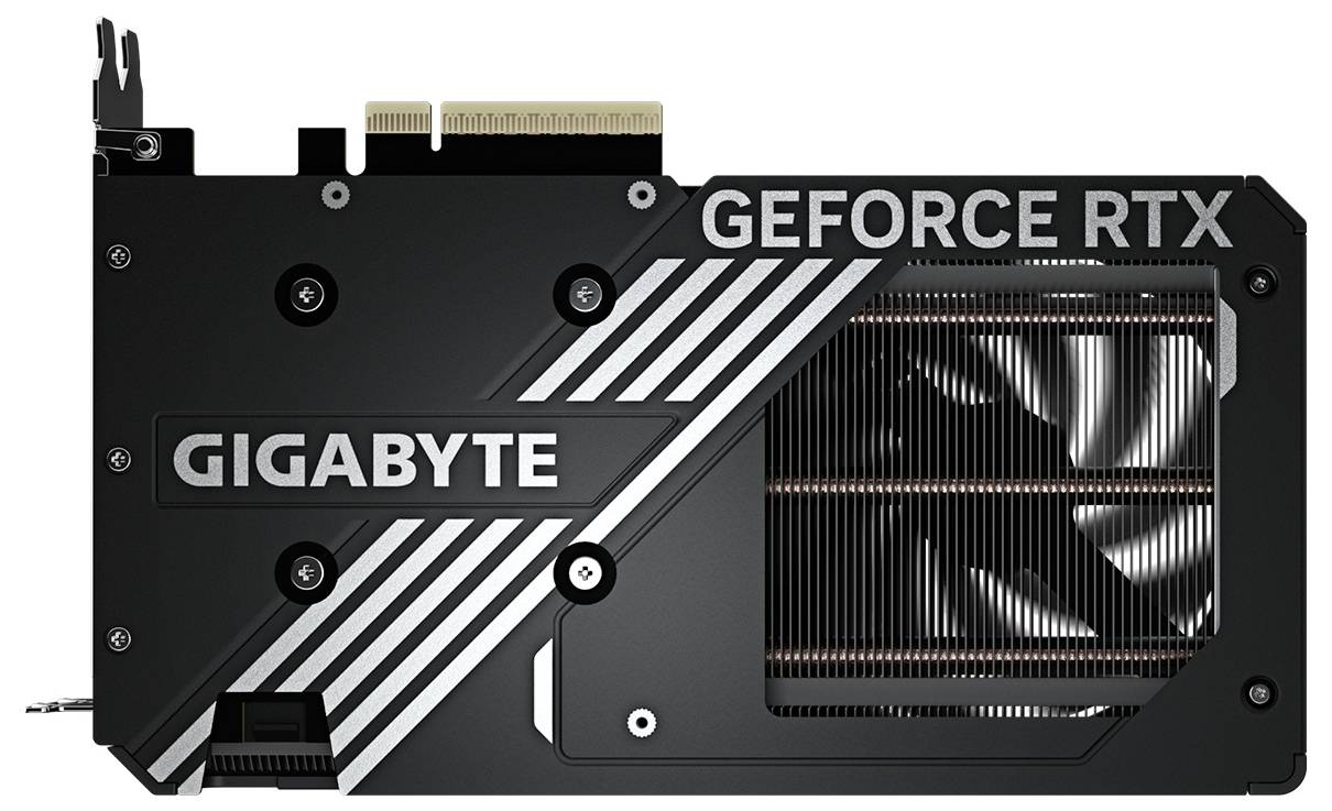 Grafikkartenrückseite mit schwarzem Design, GIGABYTE- und GEFORCE RTX-Logo, sichtbarer Lüfter und Anschlüsse oben.