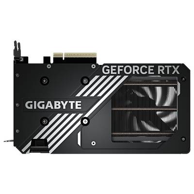 Grafikkartenrückseite mit schwarzem Design, GIGABYTE- und GEFORCE RTX-Logo, sichtbarer Lüfter und Anschlüsse oben.