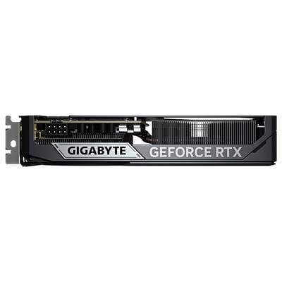 Grafikkarte von der Seite, zeigt den "GIGABYTE" und "GEFORCE RTX" Schriftzug. 6-Pin und 8-Pin Stromanschlüsse sind sichtbar.