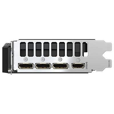 Rückansicht einer Grafikkarte mit Anschlüssen: drei DisplayPort und ein HDMI. Die Karte ist für den Einsatz in Computern vorgesehen.