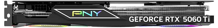 Seitenansicht einer PNY GeForce RTX 5060 Ti Grafikkarte mit RGB-Beleuchtung, die GPU, Lüfter und das Logo zeigt.