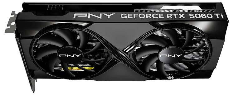 Grafikkarte 'PNY GeForce RTX 5060 Ti' mit zwei Lüftern. Sie ist schwarz und für leistungsstarkes Gaming und Grafikverarbeitung ausgelegt.