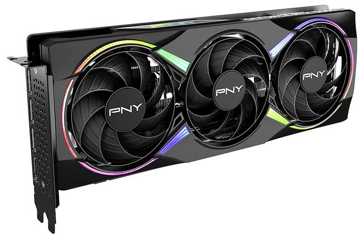 Eine schwarze PNY-Grafikkarte mit drei Lüftern und bunten Lichtern, die zur Kühlung und Leistung von Computern genutzt wird.