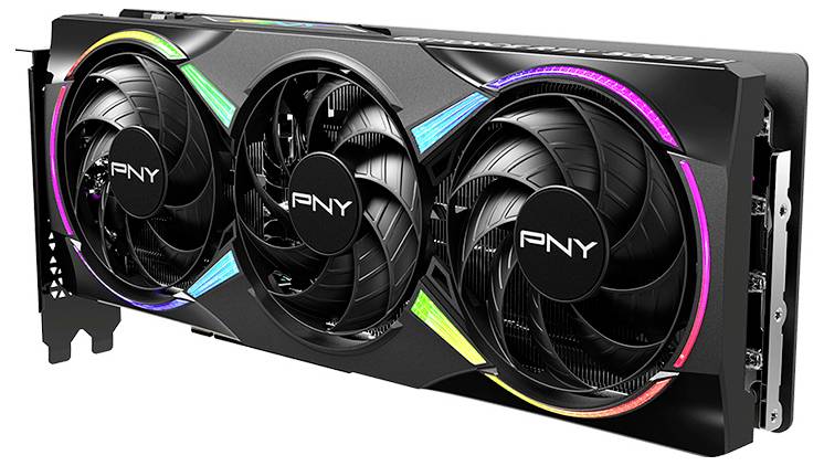 Eine schwarze PNY-Grafikkarte mit drei Lüftern. RGB-Leuchten in den Lüftern und seitlich. Gerät für Computerleistung und visuelle Verarbeitung.