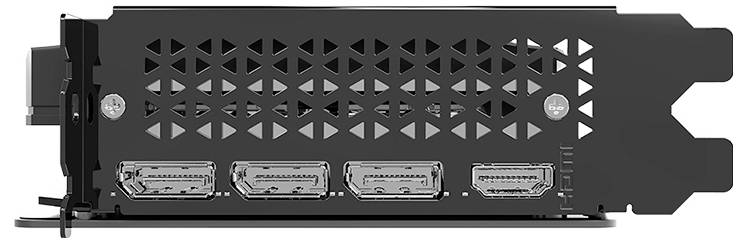 Die Grafik zeigt die Rückseite einer Grafikkarte mit vier Anschlüssen (drei DisplayPorts, ein HDMI) und einem Lüftungsgitter oben.