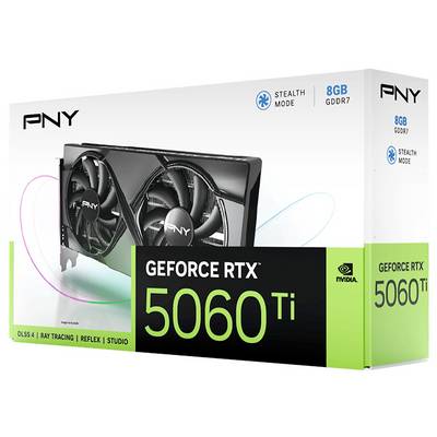 Verpackung einer PNY GeForce RTX 5060 Ti Grafikkarte mit 8 GB GDDR7, hervorgehoben im Kartondesign. Enthält Logos und technische Merkmale.