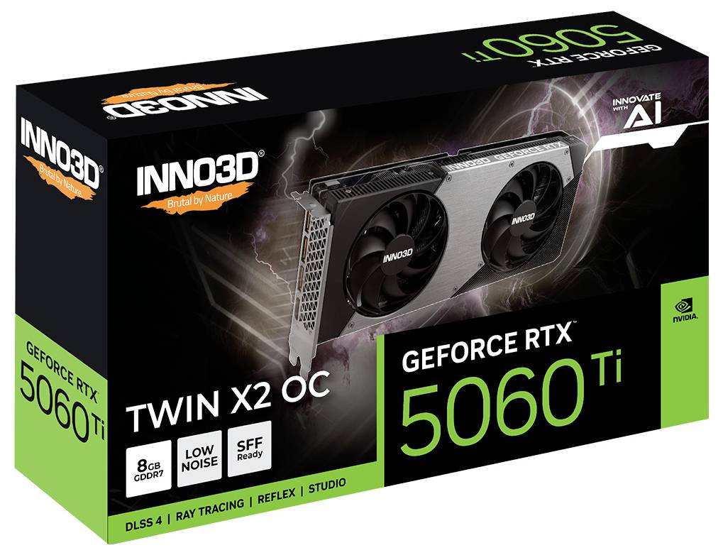 'INNO3D GeForce RTX 5060 Ti Twin X2 OC' Grafikkartenverpackung. Enthält 8GB GDDR7, bietet DLSS 4, Raytracing, Reflex, Studio-Unterstützung.
