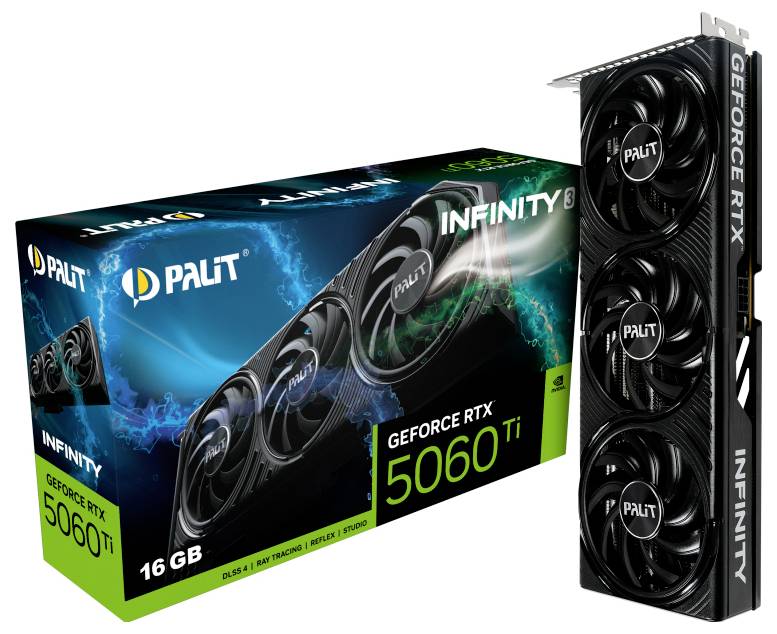 Eine schwarze Grafikkarte Palit GeForce RTX 5060 Ti mit 16 GB Speicher neben ihrer Verpackung, die ein dynamisches Design zeigt.