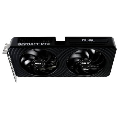 Eine schwarze Grafikkarte mit zwei Lüftern. Aufschrift: 'GEFORCE RTX' und 'DUAL'. Marke 'Palit' in der Mitte der Lüfter.