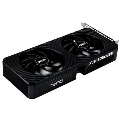 Schwarze Grafikkarte mit zwei Lüftern, Modell 'Palit GeForce RTX'.