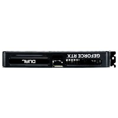 Grafikkarte in Schwarz mit der Aufschrift 'DUAL' und 'GEFORCE RTX' an der Seite. Lüfter und Anschlüsse sind sichtbar.