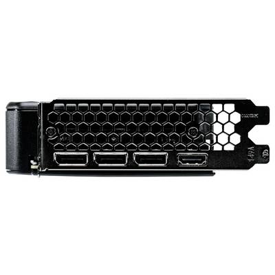 Rückseite einer Grafikkarte mit drei HDMI-Ports und einem offenen Lüftungsgitter für Wärmeabführung.